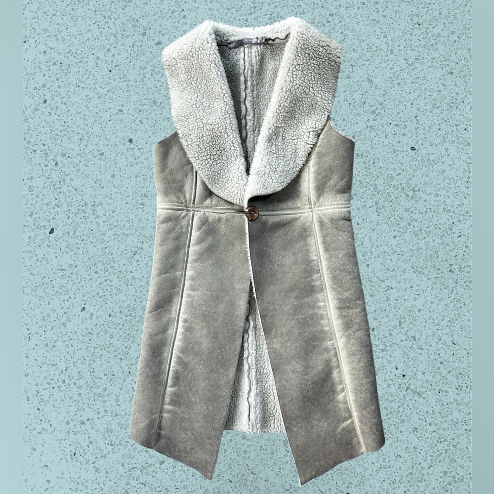 Faux Shearling Mint Gray Women's Long Vest Fits S Bohemian lightweight